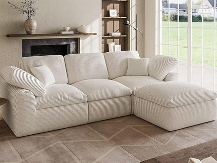 Cloud Sectional Couches for Living Room, L Shaped Modular Sectional Sofa with Ottoman, Convertible Corduroy Couch for Apartment, 4 Seater Boneless Comfy Cloud Sofa, No-Assembly, Cream