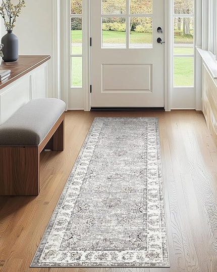 jinchan Fiora Runner Rug 2x6 Machine Washable Hallway Rug Grey Vintage Floral Print Non-Slip Low Pile Ultra-Thin for Kitchen, Entryway, Laundry Room, Bedroom, Farmhouse (2‘x6’, Grey)