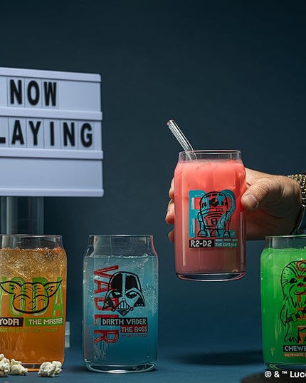 JoyJolt Star Wars Now Playing Collection Tumblers, 16.9oz Classic Can Shape Glass Tumbler Set of 4 w/Glass Straws