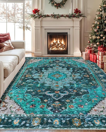 Ciicool Area Rug 5x7ft Washable Rugs for Living Room Non-Slip Indoor Rugs Large Low-Pile Mat Floor Carpet Vintage Rug for Bedroom Dinning Foyer Decor (Teal/Multi)