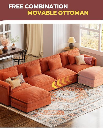 ELUCHANG 153" U Shaped Modular Sectional Cloud Couch with Pillow, Deep Seat Sofa Couches for Living Room, 6-Seat Modern Sofa with Movable Ottoman, Chenille Terracotta