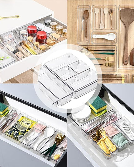 8 Pack Clear Drawer Organizer, 4 Sizes Organization and Storage Trays, Drawer Organizer Bins for Kitchen, Vanity, Bathroom, Office