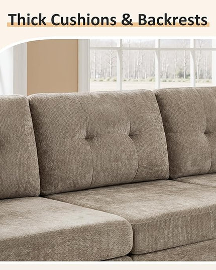 VANOMi 118" Modular Cloud Sofa with Ottoman, 4 Seater Modular Sectional Sofas & Couches for Living Room, Cozy Chenille Cloud Sectional Couch Sofas for Living Room, Apartment, Office, Camel, L Shaped