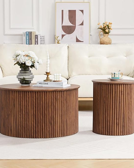 Fluted Round Nesting Coffee Table Set of 2, Mid Century Modern Wood Coffee Table and End Table Set, Minimalist Center Tables Circle Side Table for Living Room, Office(Walnut)