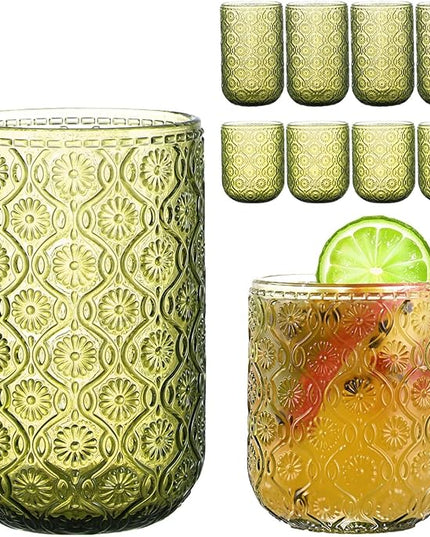 Green Drinking Glasses Set of 8, 12 Oz Highball & 10 Oz Cocktail Glasses, Green Kitchen Vintage Glassware Set, Floral Embossed Glass Tumbler Cups for Water, Beer, Juice, Whiskey, Coffee