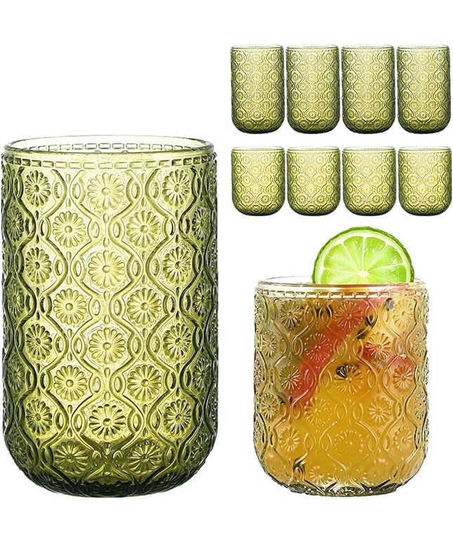 Green Drinking Glasses Set of 8, 12 Oz Highball & 10 Oz Cocktail Glasses, Green Kitchen Vintage Glassware Set, Floral Embossed Glass Tumbler Cups for Water, Beer, Juice, Whiskey, Coffee
