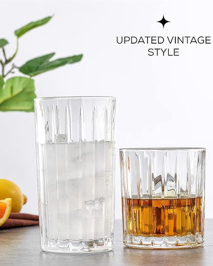 JoyJolt Drinking Glasses Set of 8, Alina Ribbed Glassware. 12oz Rocks Glass and 14oz Highball Glass set. Cocktail Glasses, Iced Coffee Cup or Water cups. Heavy Base Glassware Set