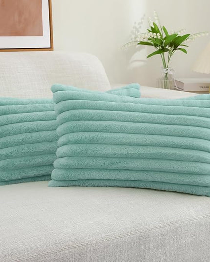 decorUhome Faux Fur Spring Throw Pillow Covers 12x20 Set of 2, Decorative Soft Plush Striped Lumbar Neutral Couch Euro Pillow Covers with Velvet Back for Sofa, Bed, Living Room Home Decor, Aqua