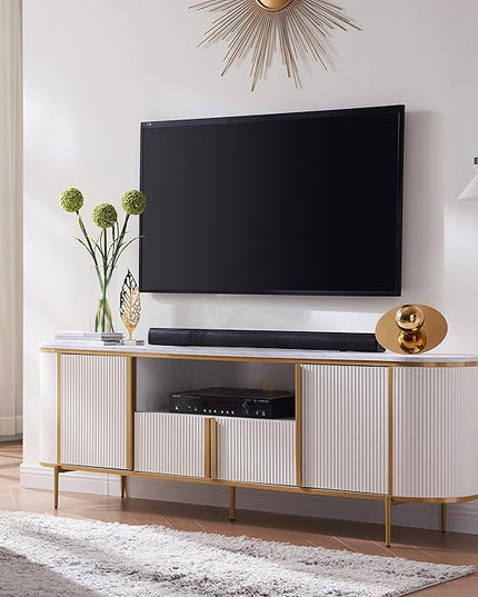 OKD Luxury 70" Fluted TV Stand, Modern Chic Entertainment Center for TVs Up to 80 inches, TV Console with Faux Marble Top, Curved Profile Design, Media Console for Living Room, Off White