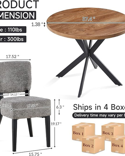 5-Piece Round Dining Table Set, Modern Small 37" Kitchen Table Chairs Set, Upholstered Stackable Dining Chairs with Black Metal Legs for Living Room Apartment, Space-saving, Imitation Wood&Grey