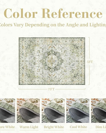 PADOOR-Vintage Area Rug 5X7 Rugs for Living Room-Soft Green Rugs for Bedroom-Machine Washable Rugs Non Slip Carpet-Rug for Dining Room Living Room Bedside Office