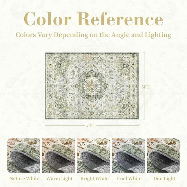 PADOOR-Vintage Area Rug 5X7 Rugs for Living Room-Soft Green Rugs for Bedroom-Machine Washable Rugs Non Slip Carpet-Rug for Dining Room Living Room Bedside Office