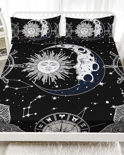 AILONEN Sun and Moon Fitted Sheet Queen Size, Boho Hippie Style Bedding Sheet,Starry Night with Astrology Pattern Sheet Set for Boys Girls,1 Fitted Sheet 2 Pillowcases,3 PCS,Perfect for Adult Rooms