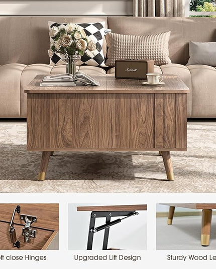 Lift Top Coffee Table, Mid Century Modern Center Table with Large Hidden Storage Compartment, 31.5" Square Coffee Tables for Living Room, Home Office, Walnut