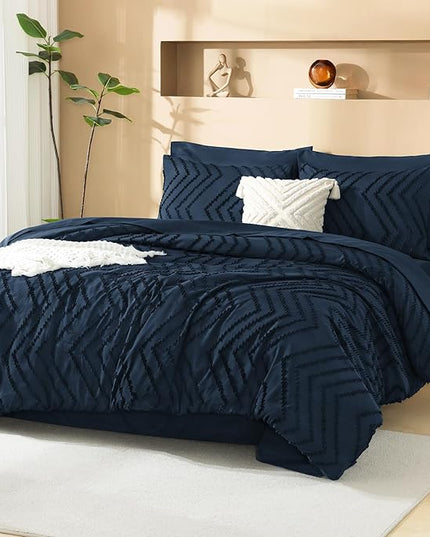 Litanika Navy Blue Queen Size Comforter Set with Sheets - 7 Pieces Bed in a Bag Queen Boho Tufted Complete Bedding Sets with Comforter, Sheets, Pillowcases & Shams