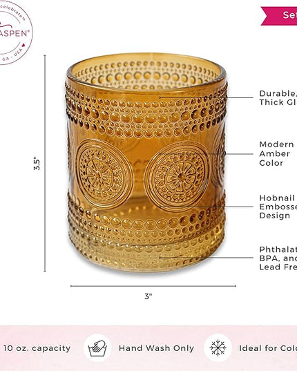 Hobnail Beaded Floral Amber Drinking Glasses Set of 6, (10 oz) Vintage Glassware Set by Kate Aspen| Cocktail Glass Set, Juice Glass, Water Cups | Great Hostess Gift & Gift for New Home Owners