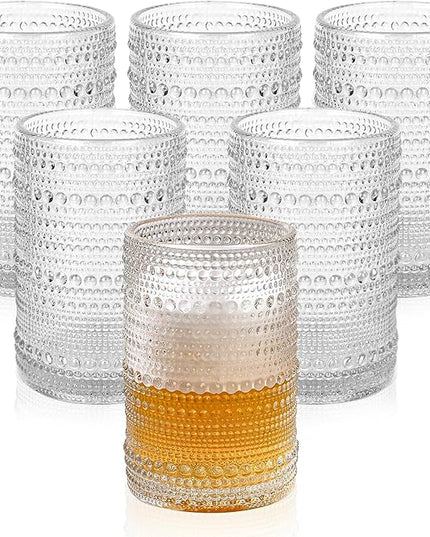 Vintage Glassware Drinking Glasses Set of 6,15 oz Hobnail Glass Cups,Embossed Clear Water Tumbler,for Beer,Cocktail,Whiskey,Juice and Various Mixed Drinks- 1 Cleaning Brush