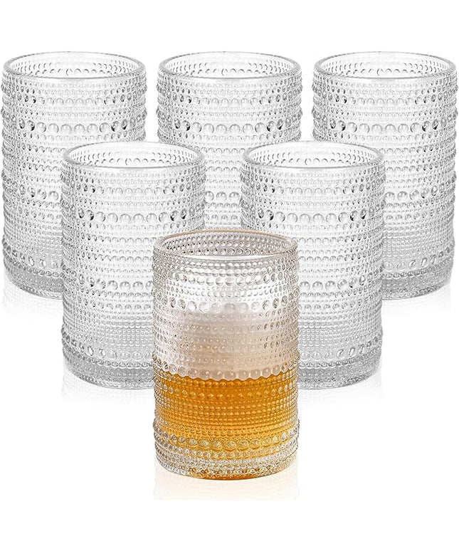 Vintage Glassware Drinking Glasses Set of 6,15 oz Hobnail Glass Cups,Embossed Clear Water Tumbler,for Beer,Cocktail,Whiskey,Juice and Various Mixed Drinks- 1 Cleaning Brush