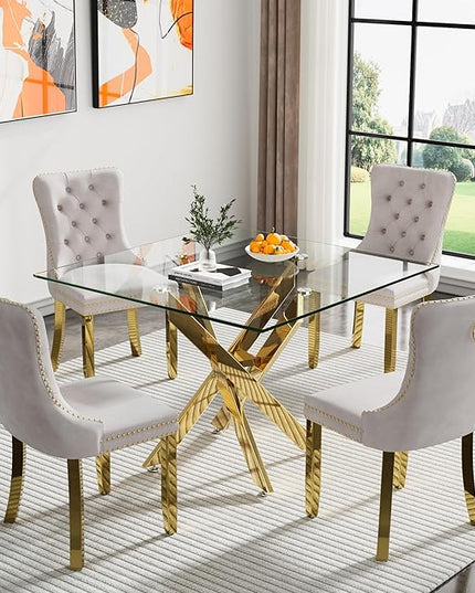 Glass Dining Table Set for 4, Square 36" Dining Table with Gold Cross Metal Leg, 4 Beige Velvet Dining Chairs with Stainless Steel Legs, Modern Glass Kitchen Table and Chairs Set for Small Space