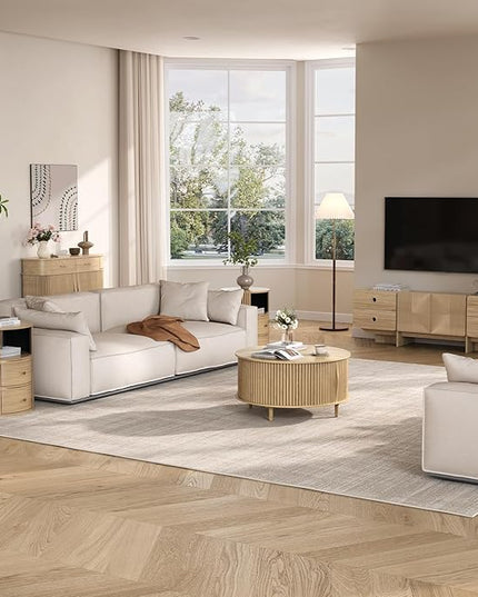 Round Coffee Table with Storage, 31.5" Mid Century Modern Coffee Table with Sliding Door & Solid Wood Legs, Minimalist Fluted Center Table for Living Room, Home Small Space, Oak