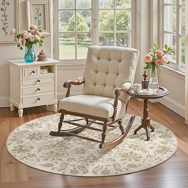 jinchan Torino Classic Floral Round Rug 4ft, Vintage-Inspired Neutral Design 4’Circle Rug, Machine Washable Ultra-Thin Low-Pile Non-Slip Indoor Carpet for Bedroom Living Room Entryway Taupe