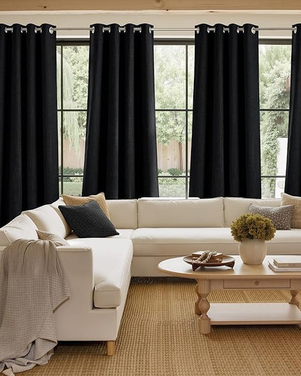 NICETOWN Faux Linen Black Blackout Curtains 84 inches Long for Living Room - Privacy Panels for Bedroom, Modern Farmhouse Style Easy Care Grommet Top, 2 Panels, W52 by L84