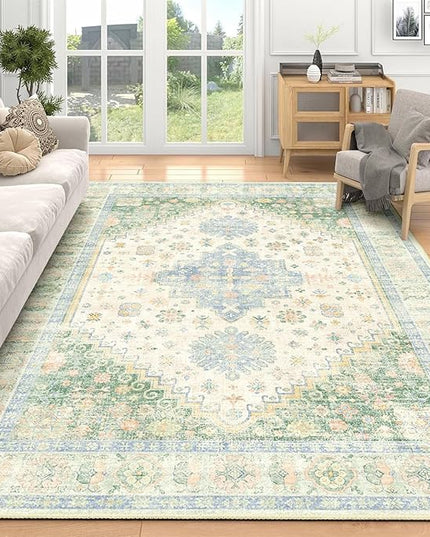 MUJOO 5x7 Area Rugs Washable,Boho Rug for Living Room Bedroom Dining Room Office,Large Throw Carpet,Non Slip Big Soft Indoor Low Pile Light Green and Blue