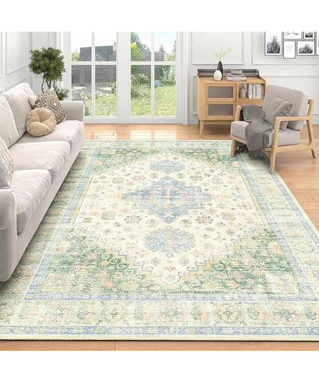 MUJOO 5x7 Area Rugs Washable,Boho Rug for Living Room Bedroom Dining Room Office,Large Throw Carpet,Non Slip Big Soft Indoor Low Pile Light Green and Blue