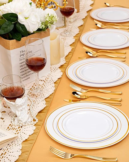 bUCLA 100Pieces Gold Plastic Dinner Plates - 10.25inch White and Gold Plates Disposable for Party - Ideal for Wedding, Party & Daily Use