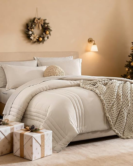 Monbix Full Size Comforter Set - 7 Pieces Beige Bed in a Bag Full Size Bedding Sets with Comforters, All Seasons Comforter with Sheets,Pillowcases & Shams