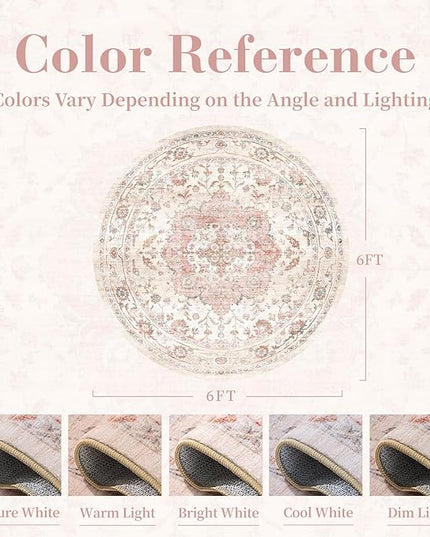 PADOOR-Vintage 6FT Round Rug-Rugs for Living Room-Soft Pink Circle Rug-Machine Washable Rugs for Bedroom-Non Slip Carpet-Rug for Dining Room Living Room Bedside Office