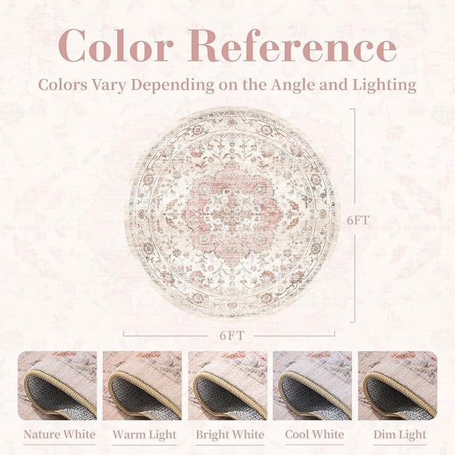 PADOOR-Vintage 6FT Round Rug-Rugs for Living Room-Soft Pink Circle Rug-Machine Washable Rugs for Bedroom-Non Slip Carpet-Rug for Dining Room Living Room Bedside Office