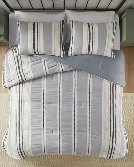 Hyde Lane Modern Farmhouse Comforter Set – King Size, 3-Piece Indigo Blue Striped Cotton Comforter with Matching Pillow Shams, Luxuriously Soft All-Season Bedding