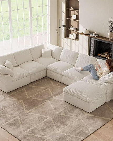 Oversized Cloud Couch Sectional Sofa, 7 Seater Modular Sectional Couches with Movable Ottoman, Convertible Corduroy Couch Boneless Comfy Sofa for Living Room, No-Assembly, Cream