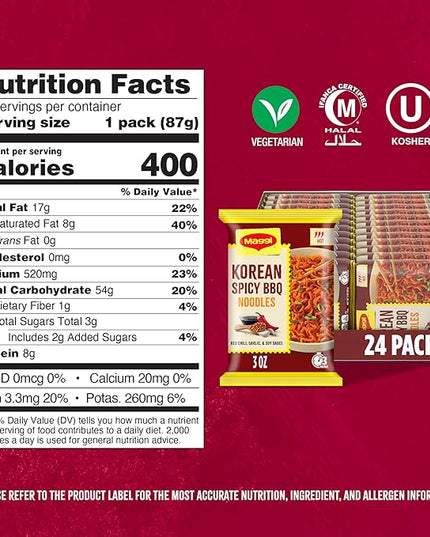 Maggi Korean Spicy BBQ Noodles, Korean Instant Noodles, 3 min, Spicy Ramen, Vegetarian, Halal, Kosher, 24-Pack