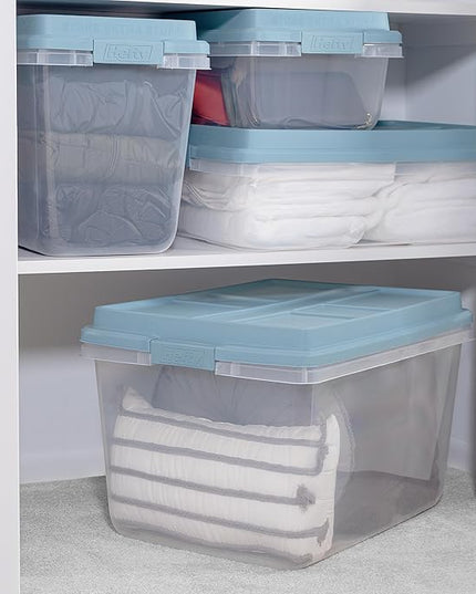 Hefty HI-RISE 32 Qt Stackable Storage Bins with Lids – 6 Pack Clear Plastic Under Bed Storage Containers, Shoe Organizer Boxes with XL Lid-Locking Latches, Comfort-Grip Handles, Durable Double Rim