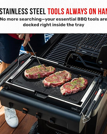 Grillbot FlipTray Dual-Sided Grilling Prep and Serving Tray - Raw/Cooked Food Separation, BBQ Grill Carry System Tray, Built-in Stainless Tools, BPA-Free, Dishwasher Safe, Tray for Outdoor Grill