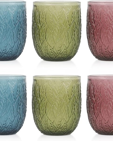 Colored Glasses Drinking Set of 6, 12oz Vintage Drinking Glasses, Embossed Glass Cups, Water Tumbler for Cocktail, Various Mixed Drinks (Willow Leaf 6PCS)
