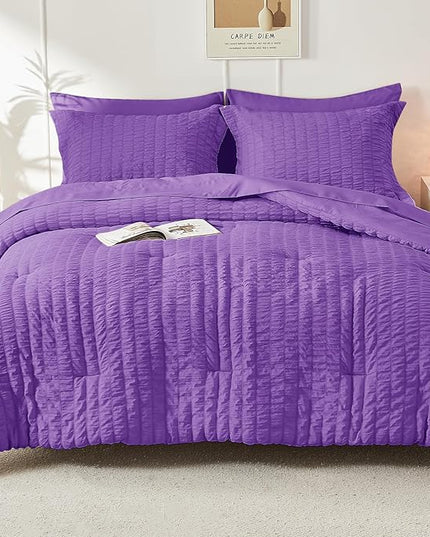 HYMOKEGE Dark Purple California King Comforter Set Seersucker 7 Pieces, All Season Luxury Bed in a Bag for Bedroom, Bedding Set with Comforter, Sheets, Pillowcases & Shams