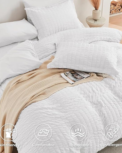 HYMOKEGE White Twin XL Comforter Set Seersucker 5 Pieces, All Season Luxury Bed in a Bag for Bedroom, Bedding Set with Comforter, Sheets, Pillowcase & Sham