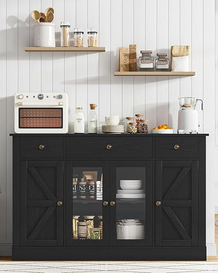 4 EVER WINNER 55" Coffee Bar with 4 Glass Doors and 3 Drawers, Sideboard Buffet Cabinet with Storage, Farmhouse Coffee Bar Cabinet with Adjustable Shelves for Kitchen, Dining Room, Black
