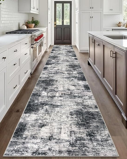 IOHOUZE Abstract Runner Rug 3x20 Ft Extra Long Washable Runners for Hallways, Non Slip Kitchen Runner Printed Faux Wool Entryway Runner Indoor, Modern Abstract Floor Carpet for Hall Stair, Black Grey