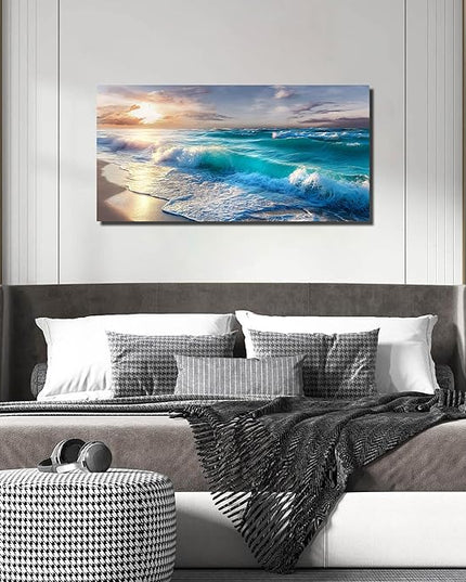 GUGIKA Ocean Wall Art for Living Room, Blue Wave and Large Coastal Beach Canvas Wall-Decor for Bedroom, Gold Sun Scenery Pictures for Hallway Office, Size 40x20 Inches