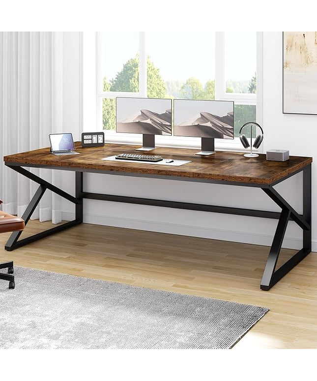 HSH Large Rustic Brown Computer Desk, 70 Inch Home Office Metal Wood Desk for 2 Person, Farmhouse Extra Long Writing Study Gaming Table, Bedroom Living Room PC Laptop Dual Monitor Desk