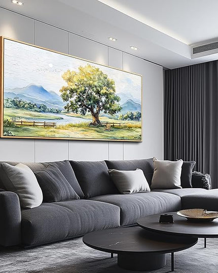 PHAOHUAXM Large Farmhouse Wall Decor For Living Room Wall Art For Bedroom Office Decor Green Tree Ink-Wash Landscape Painting Artwork Canvas Printing Pictures Wall Home Decor 30x60In Wood Framed