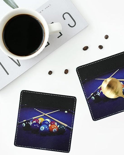 Marble Coasters Square Leather Drinks Coaster Set with Holder for Coffee Table Bar Home Decor 4 Inches Set of 6 (Billiards, One Size)