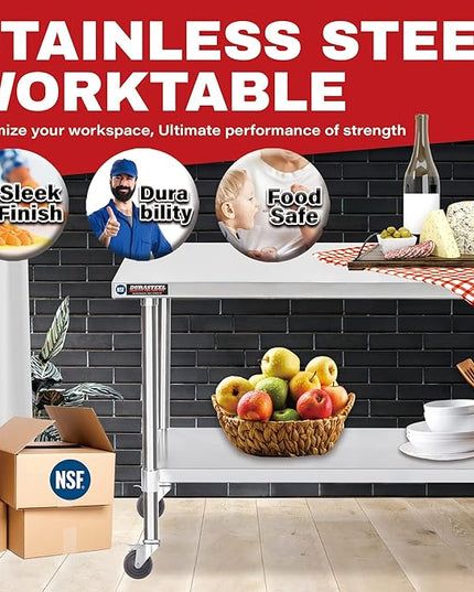 DuraSteel 30x72 NSF Stainless Steel Cart - Heavy Duty Food Prep Table with Undershelf - Rolling Kitchen Island on Wheels for Commercial Restaurant Kitchen, Garage, Outdoor Cooking, BBQ Grill, Counter