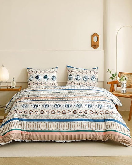 Houseri Colorful Boho Comforter Set Queen Blue Green Plaid Striped Orange Blush Diamonds Geometric Bedding Sets Queen Size Western Bohemian Bed Set Warm Soft Cozy Comfy Rustic Chic Quilt Blanket Queen