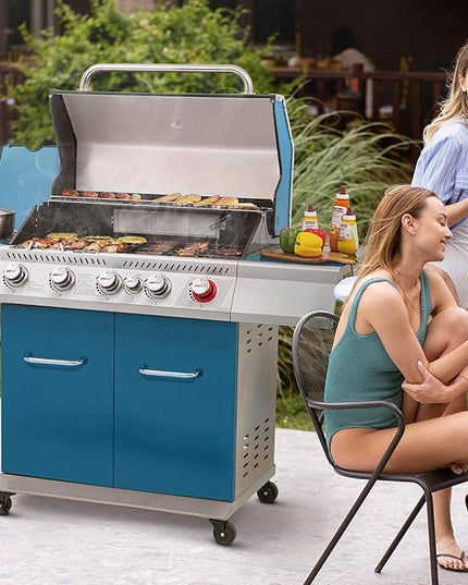 Royal Gourmet GA5403B 5 Burner Propane Gas Grill with Side Burner & Rear Burner, Cabinet Style Design BBQ Grill with 74,000 BTUs Output for Barbecue Grilling & Backyard Cooking, Blue