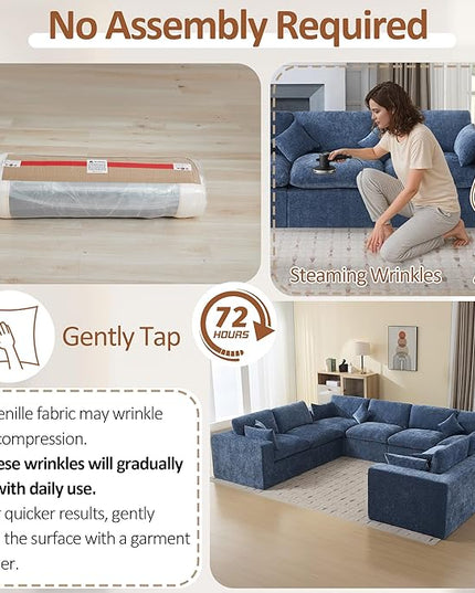 155''Cloud Boneless Sectional Couch, Modular Sectional Sofa Deep Seat, Oversized Upholstered Convertible Comfy 8 Seater Chenille Memory Foam Sofa U Shape Couches for Living Room, Blue